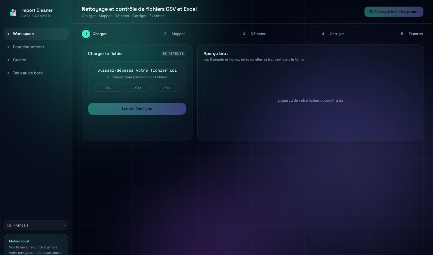 Import Cleaner interface for cleaning a CSV or Excel file: upload, map, detect, fix and export steps